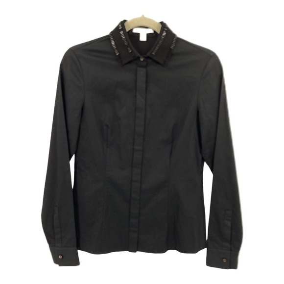 Hugo Boss Tops - Hugo Boss Womens Size 2 Fitted Button Up Shirt Black Beaded Point Collar Career
